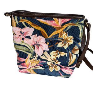 Tommy Bahama Floral Crossbody Bag Embroidered Blue Pink Brown Leather Strap